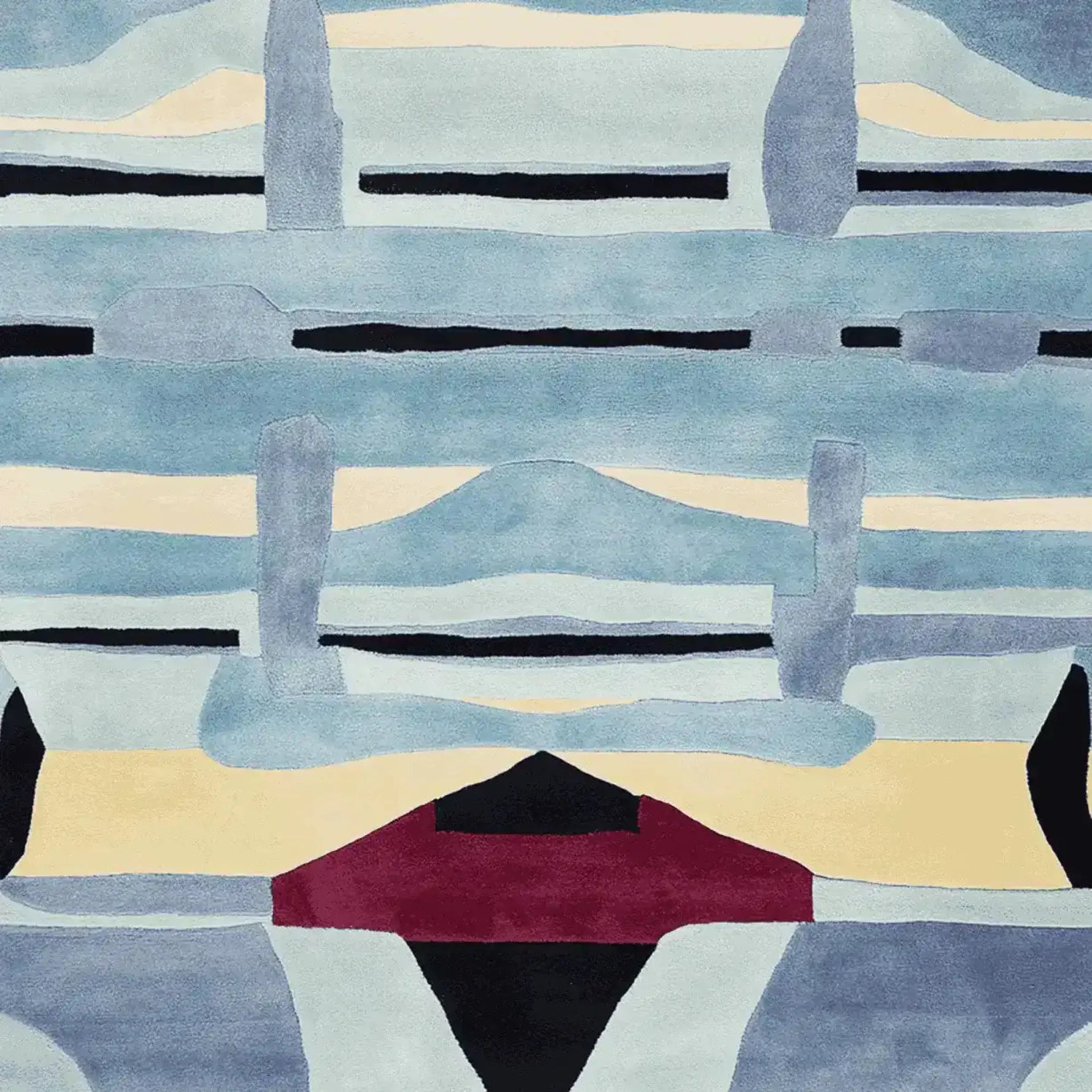 Modern abstract design of the Hidden Grid Code Hand Tufted Rug, featuring a blend of blue, cream, and burgundy hues. This contemporary wool rug is perfect for adding a stylish touch to living room spaces. Ideal as an 8x10 area rug for a cozy and artistic living room setting.