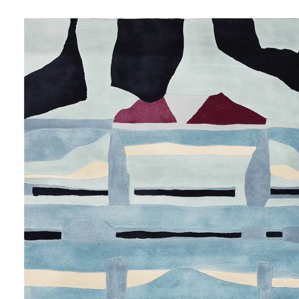 Contemporary wool area rug featuring an abstract design with bold black, red, and blue shapes. Perfect for adding a modern touch to living room spaces, this 8x10 rug is a stylish addition to your home decor.