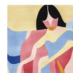 A contemporary area rug featuring an abstract design with bold colors and shapes, perfect for adding a modern touch to your living room. This hand-tufted wool rug showcases a mix of warm pinks, blues, and yellows, making it an ideal 8x10 area rug for living room spaces.