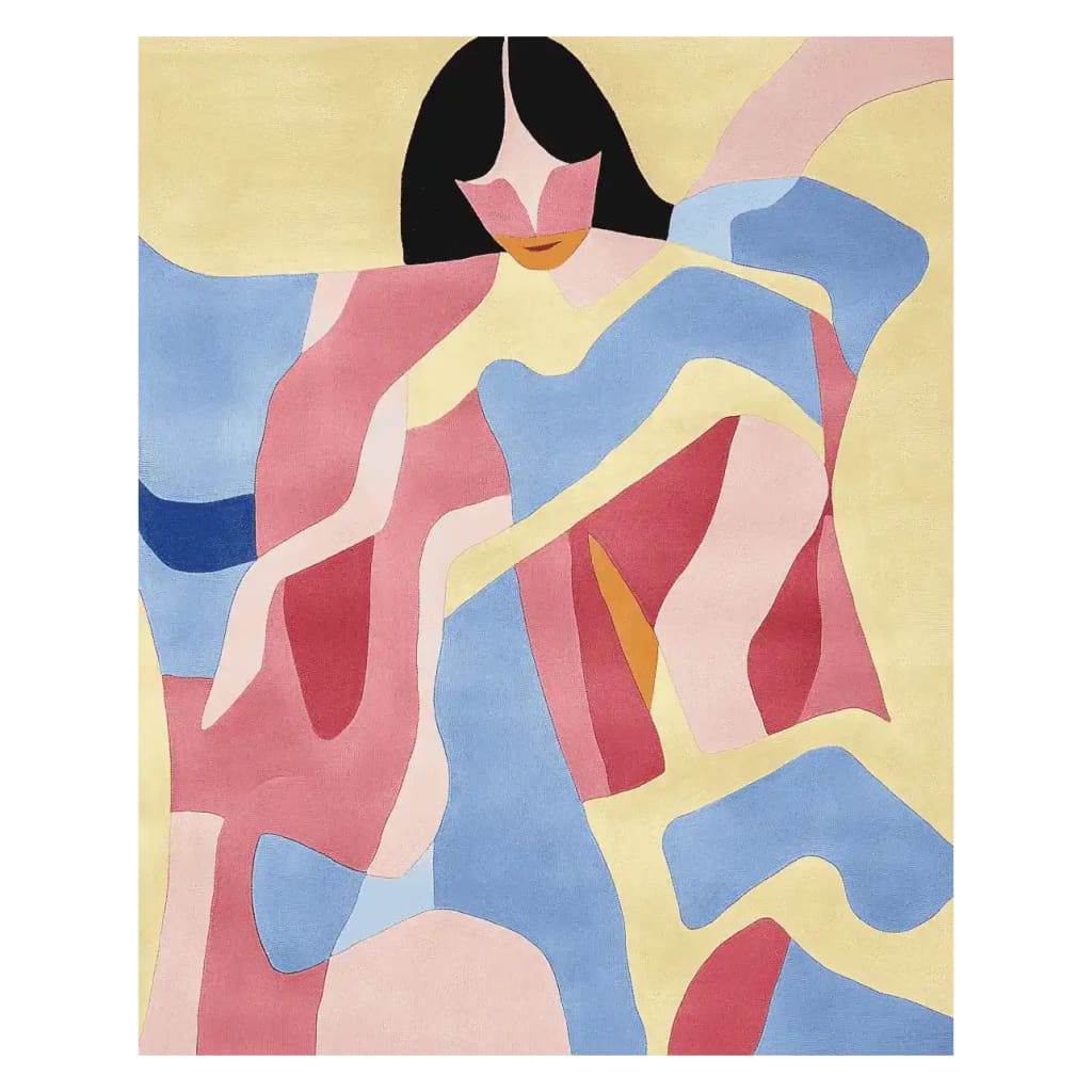 Colorful contemporary area rug featuring an abstract design with bold patches of blue, pink, and yellow, resembling artful brushstrokes. This wool rug is perfect for adding a vibrant touch to living room spaces, especially in 8x10 areas.