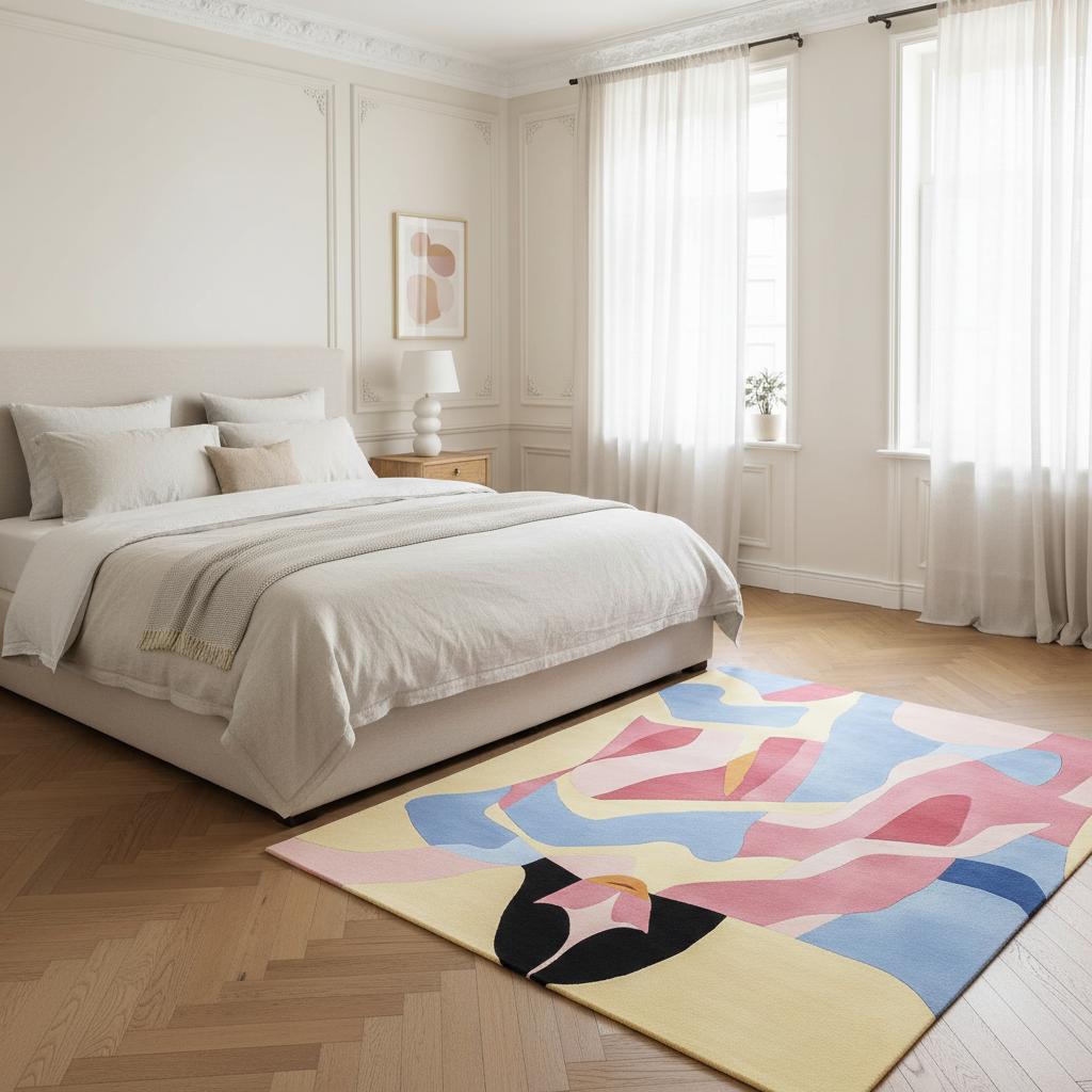 Modern bedroom with a colorful abstract rug on a wooden floor.