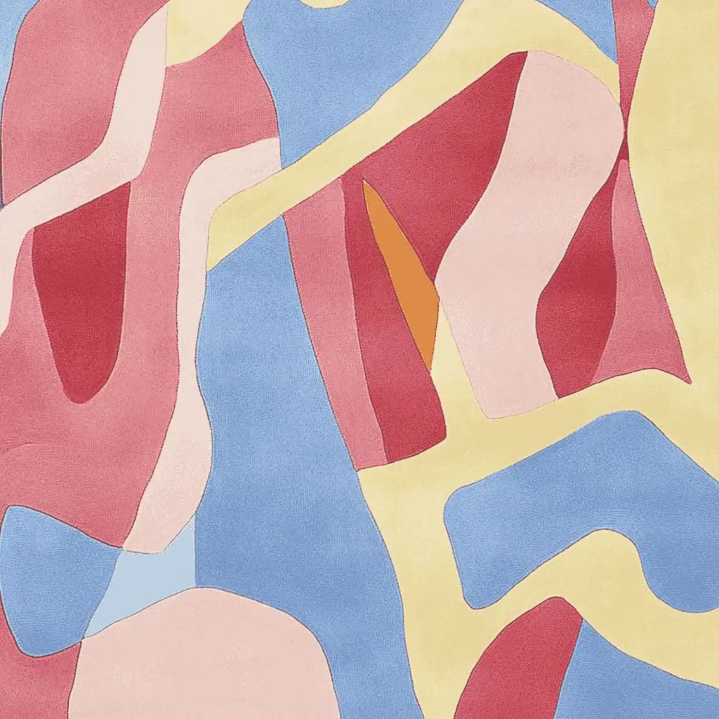 A vibrant, contemporary area rug featuring an abstract design with swirling patterns in red, blue, yellow, and orange. Perfect for adding a modern touch to your living room, this 8x10 wool rug showcases a blend of bold colors and artistic flair, making it an ideal choice for area rugs for living rooms.