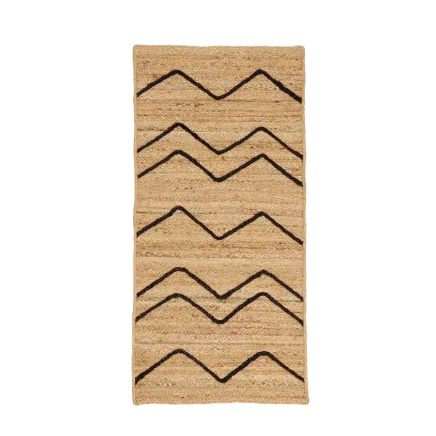 Top view of the Hilly Natural Jute Rug featuring a wavy zigzag pattern, perfect as an area rug for kitchens, hallways, dining rooms, or bedrooms. This boho rug adds a natural touch to any space.