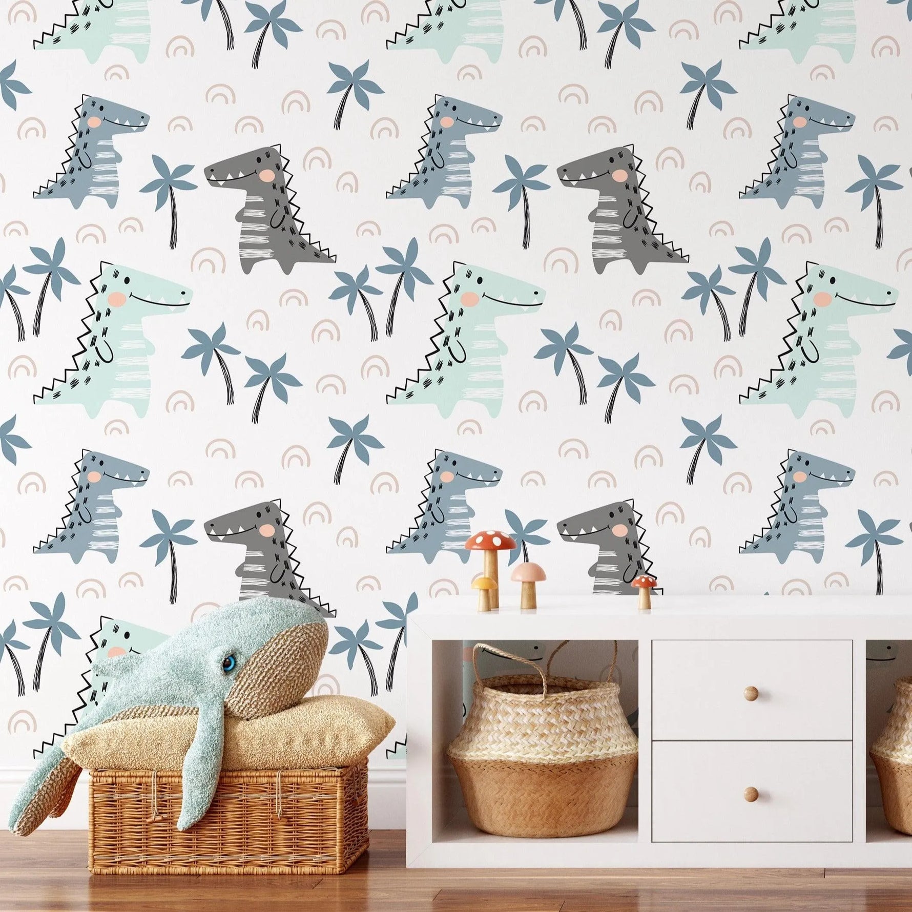 Cute Green Dinosaurs Doodle Removable Kids Wallpaper