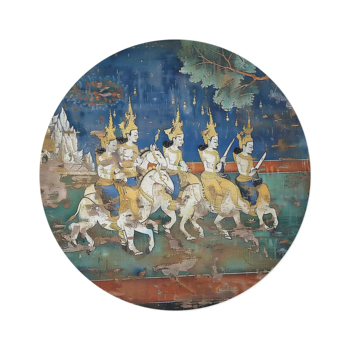 Historic Thai Warrior Mural Round Rug flat lay, gold-crowned riders on white horses against a blue and teal weathered mural