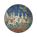Historic Thai Warrior Mural Round Rug flat lay, gold-crowned riders on white horses against a blue and teal weathered mural