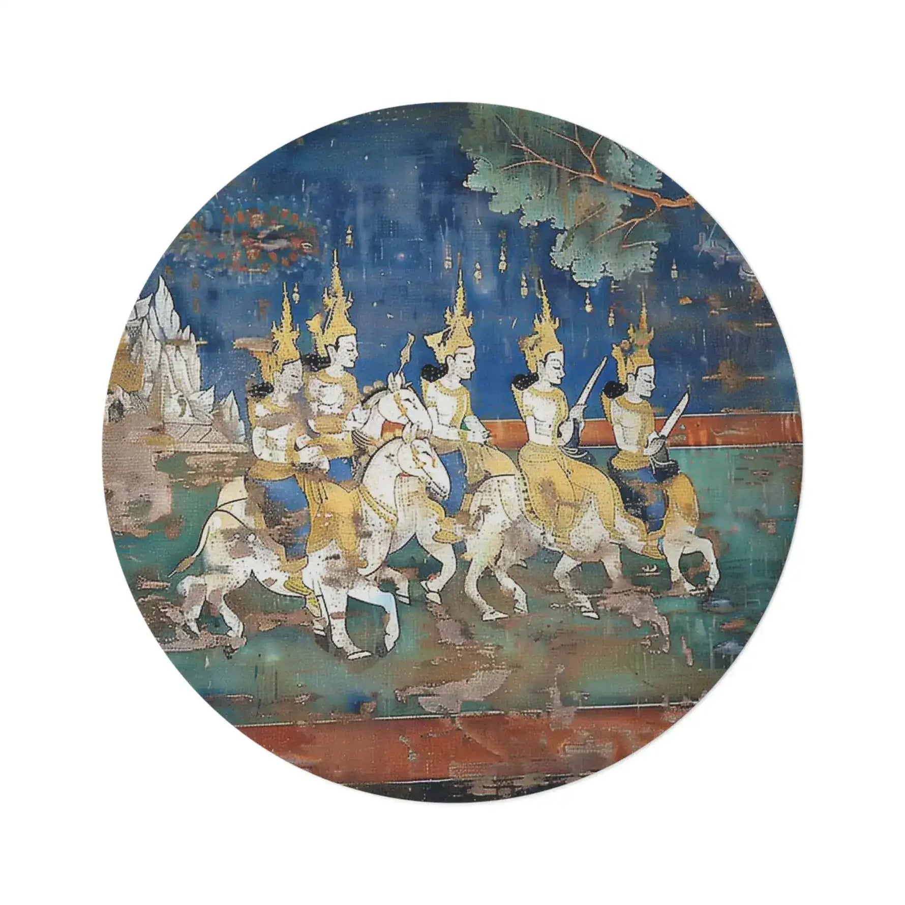 Historic Thai Warrior Mural Round Rug flat lay, gold-crowned riders on white horses against a blue and teal weathered mural