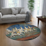 Historic Thai Warrior Mural Round Rug in a warm interior, faded blue-and-teal mural of crowned horseback riders visible