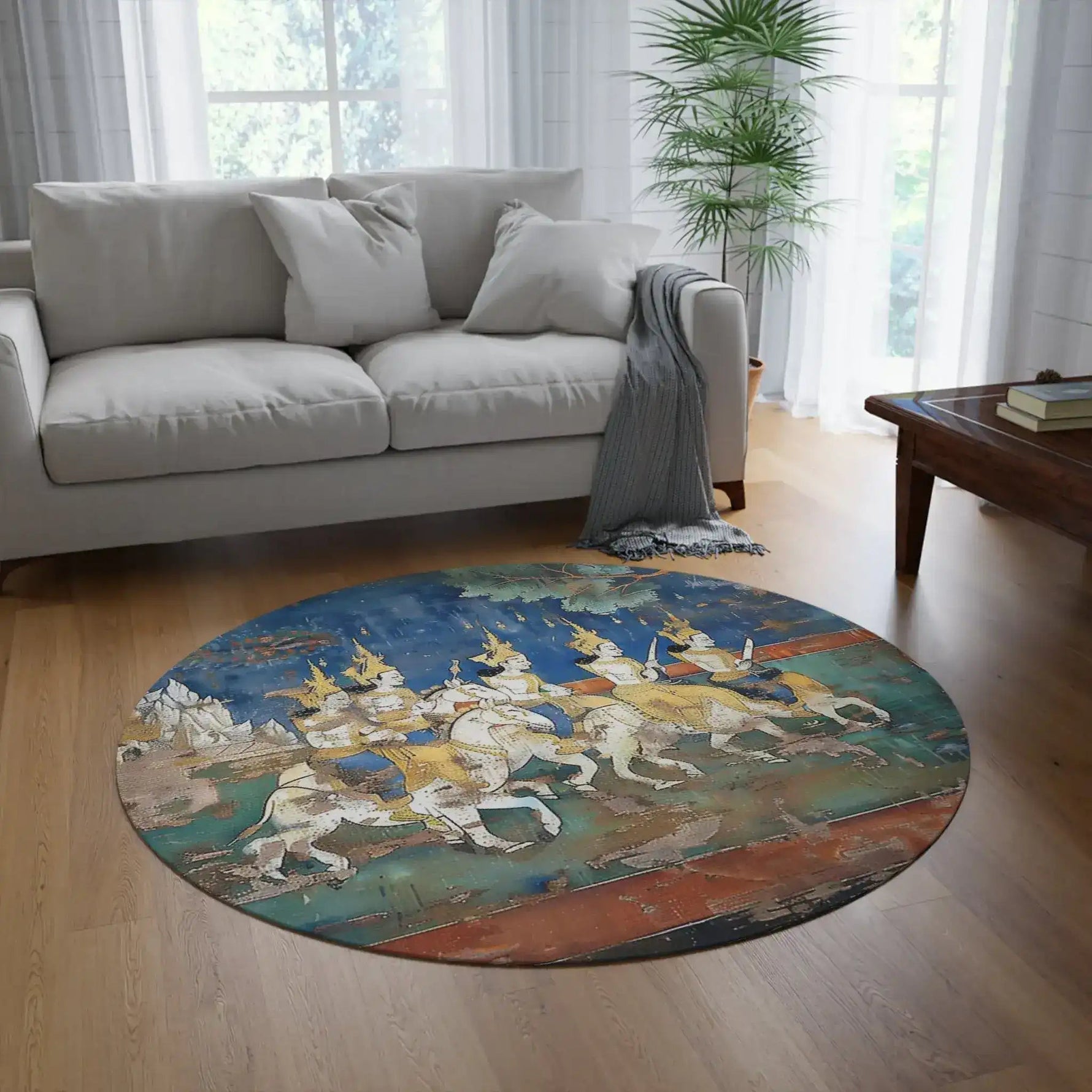 Historic Thai Warrior Mural Round Rug in a warm interior, faded blue-and-teal mural of crowned horseback riders visible