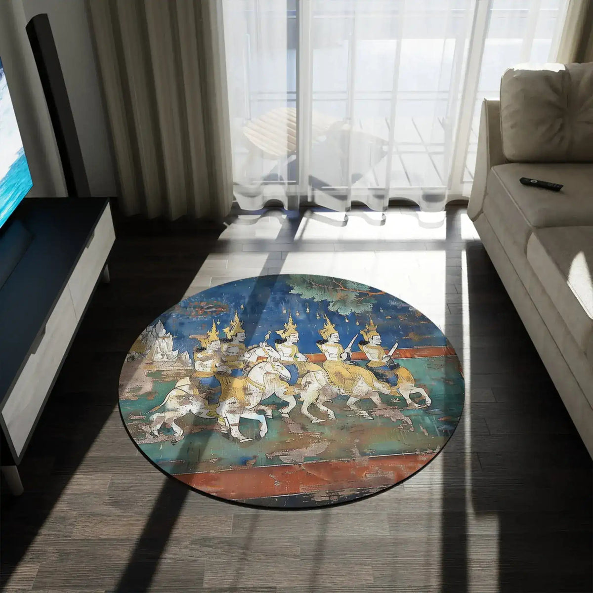 Historic Thai Warrior Mural Round Rug at an angle in a warm-toned room, mural of gold-crowned riders on horseback visible