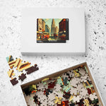 Historical City puzzle box labeled 252 pieces beside an open tray of jumbled pieces