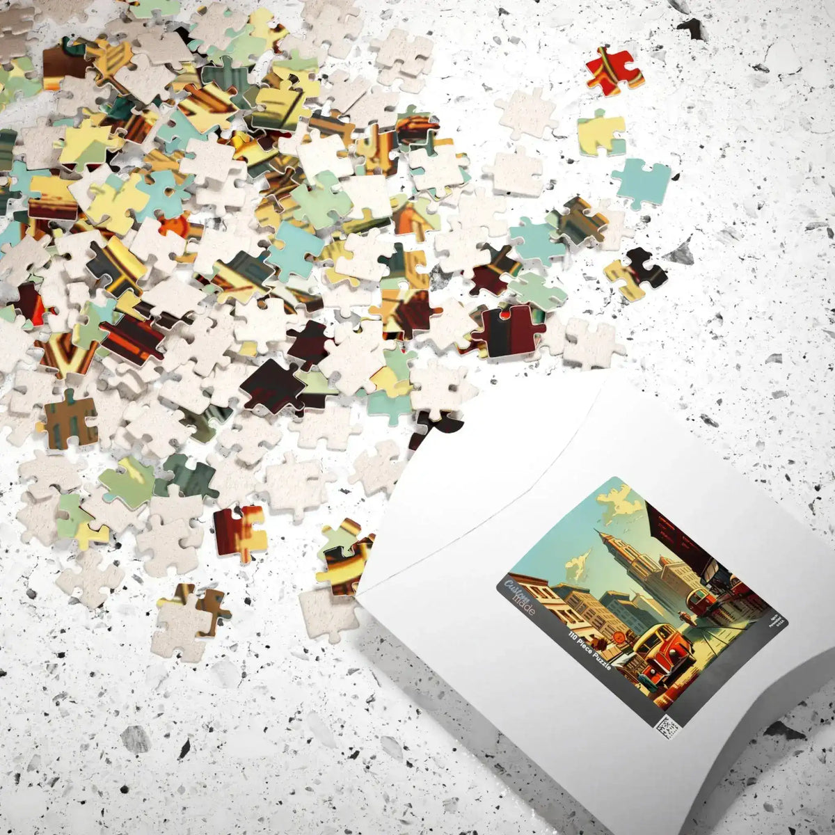 Historical City puzzle pieces cascading out of a white box printed with the cityscape art