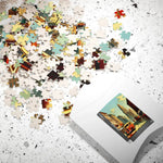 Historical City puzzle pieces cascading out of a white box printed with the cityscape art