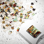 Historical City puzzle pieces spilling from a white box with the vintage cityscape label