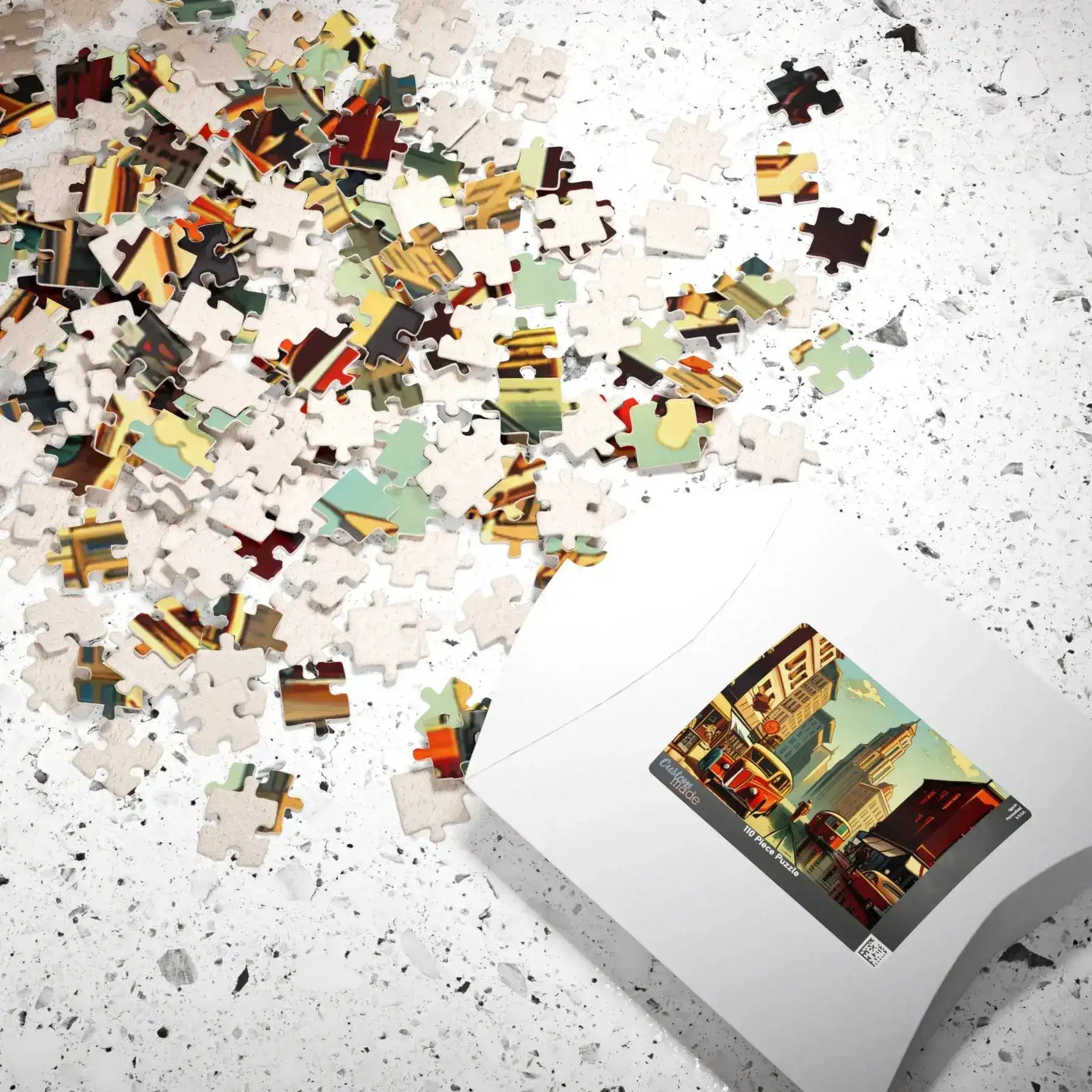 Historical City puzzle pieces spilling from a white box with the vintage cityscape label
