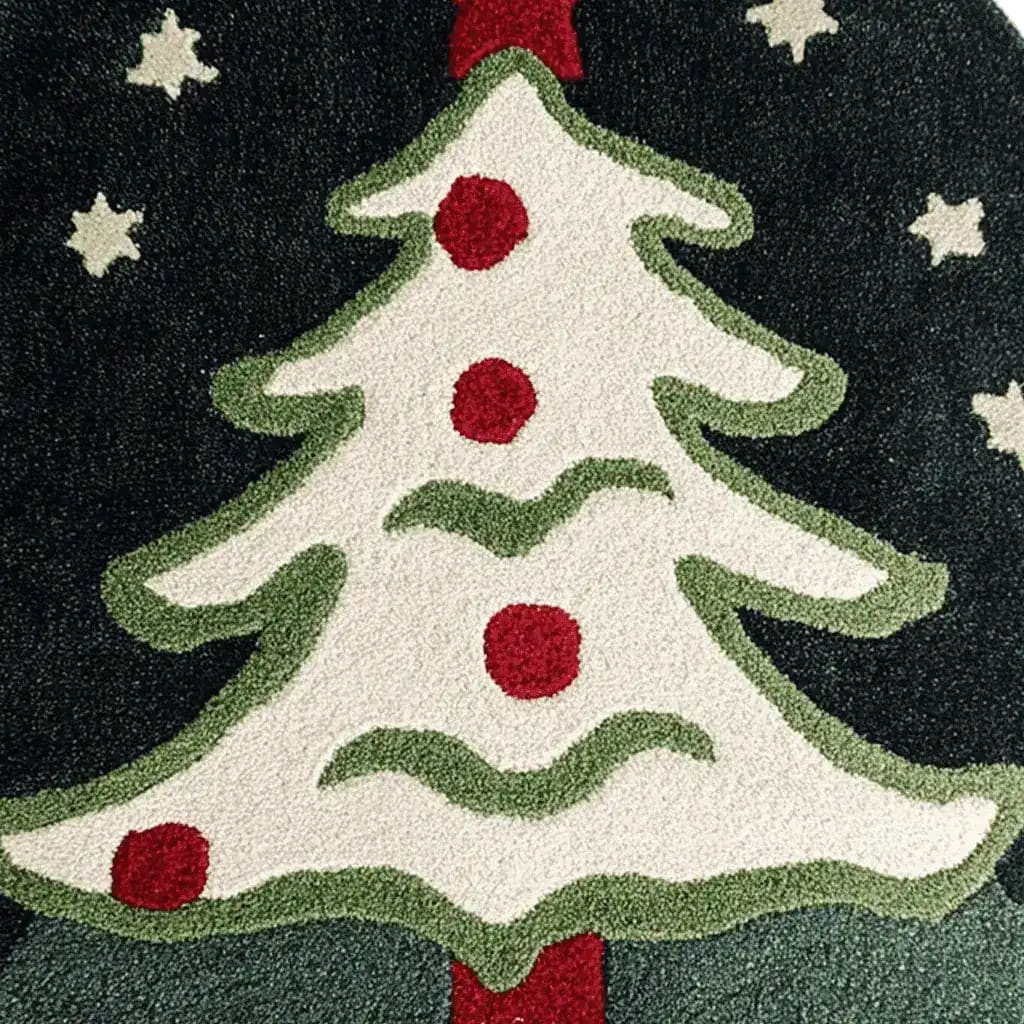 Close-up view of the Holiday Bliss Round Hand Tufted Rug, featuring a festive abstract Christmas tree design in a rich wool texture. Perfect for enhancing your dining room with a cozy, large area rug that blends holiday charm with practicality.