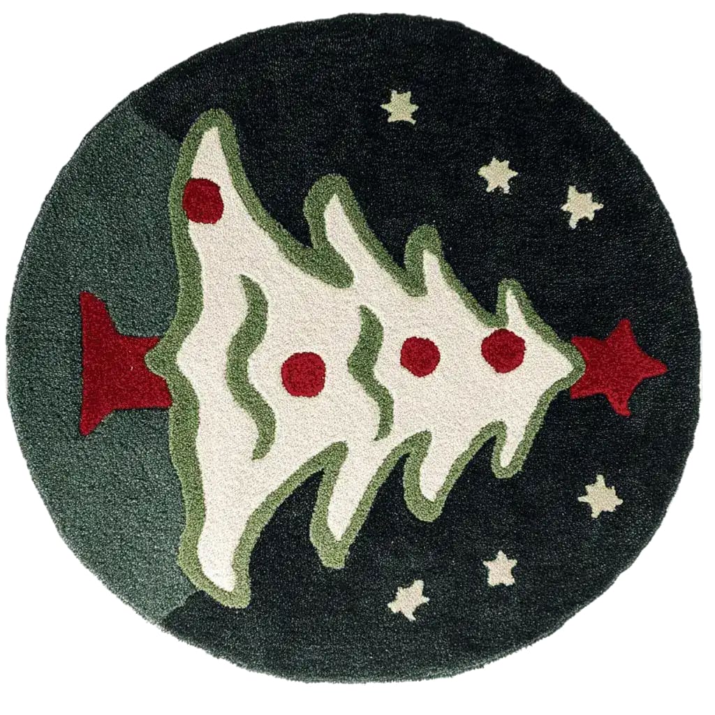 A festive Holiday Bliss Round Hand Tufted Area Rug featuring a stylized Christmas tree design, perfect for adding charm to your dining room. This large, wool round rug is ideal as a dining room area rug, combining elegance with seasonal cheer.