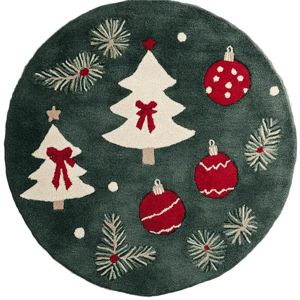 A festive Holiday Haven Round Hand Tufted Area Rug featuring a charming holiday design with white Christmas trees, red ornaments, and green pine branches, perfect for adding warmth to your living room. This wool rug is a stylish choice among large area rugs for cozy seasonal decor.