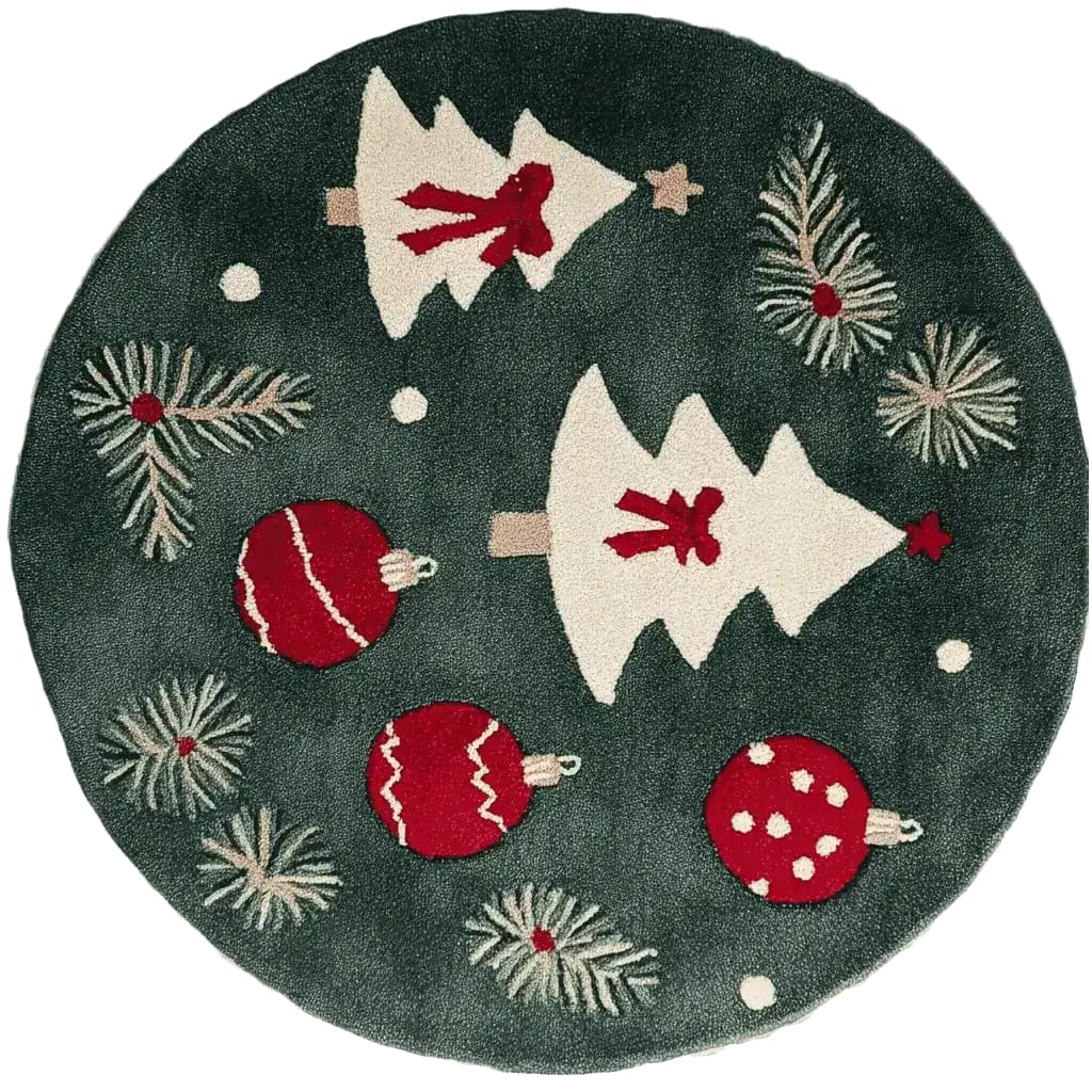 A festive round hand-tufted area rug featuring a holiday theme with white trees, red ornaments, and pine branches on a dark background. Perfect wool rug for adding a seasonal touch to your living room, this large area rug combines style and comfort.