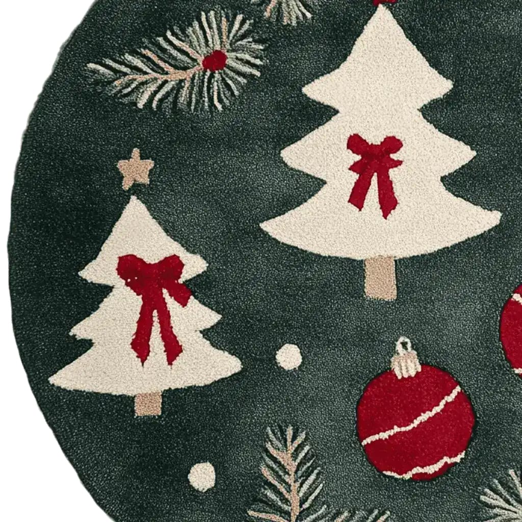 Top view of a Holiday Haven Round Hand Tufted Rug featuring festive designs with white Christmas trees adorned with red bows, surrounded by green pine branches and red ornaments. This wool rug is perfect for adding a holiday touch to your living room. Ideal as a large area rug for cozy spaces.