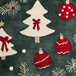 Festive round area rug featuring hand-tufted wool design with white Christmas trees adorned with red bows and red ornaments, perfect for living rooms during the holiday season.