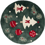 A festive round hand-tufted area rug featuring a holiday theme with white trees, red ornaments, and pine branches on a dark background. Perfect wool rug for adding a seasonal touch to your living room, this large area rug combines style and comfort.
