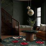 Stylish living room featuring a Holiday Haven Round Hand Tufted Area Rug with festive holiday designs in red and white on a dark green background. This wool rug adds a cozy touch to the space, complemented by a modern round table and elegant decor, perfect for large living rooms.