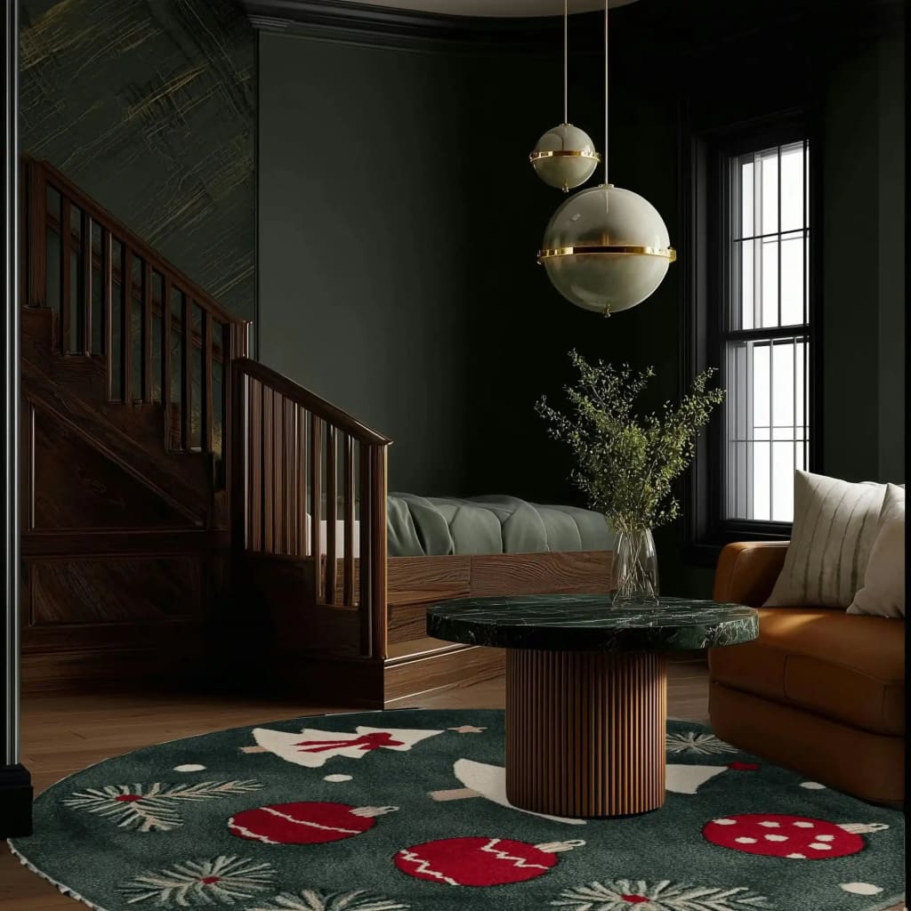 Stylish living room featuring a Holiday Haven Round Hand Tufted Area Rug with festive holiday designs in red and white on a dark green background. This wool rug adds a cozy touch to the space, complemented by a modern round table and elegant decor, perfect for large living rooms.