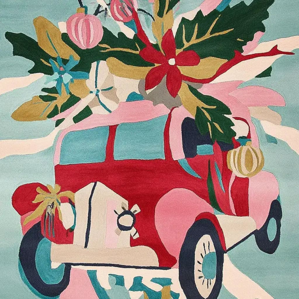 A vibrant and festive area rug, perfect for the living room, featuring an abstract design of a red car adorned with colorful holiday ornaments and greenery. This wool rug offers a cozy and stylish touch to any space, especially as a living room rug in an 8x10 size.