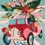 A vibrant and festive area rug, perfect for the living room, featuring an abstract design of a red car adorned with colorful holiday ornaments and greenery. This wool rug offers a cozy and stylish touch to any space, especially as a living room rug in an 8x10 size.