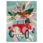 A vibrant Holiday Joyride Hand Tufted Area Rug showcasing an abstract design of a vintage car adorned with colorful holiday accents. This wool rug in an 8x10 size is perfect for adding a festive touch to your living room decor, with its playful and artistic pattern that stands out beautifully.