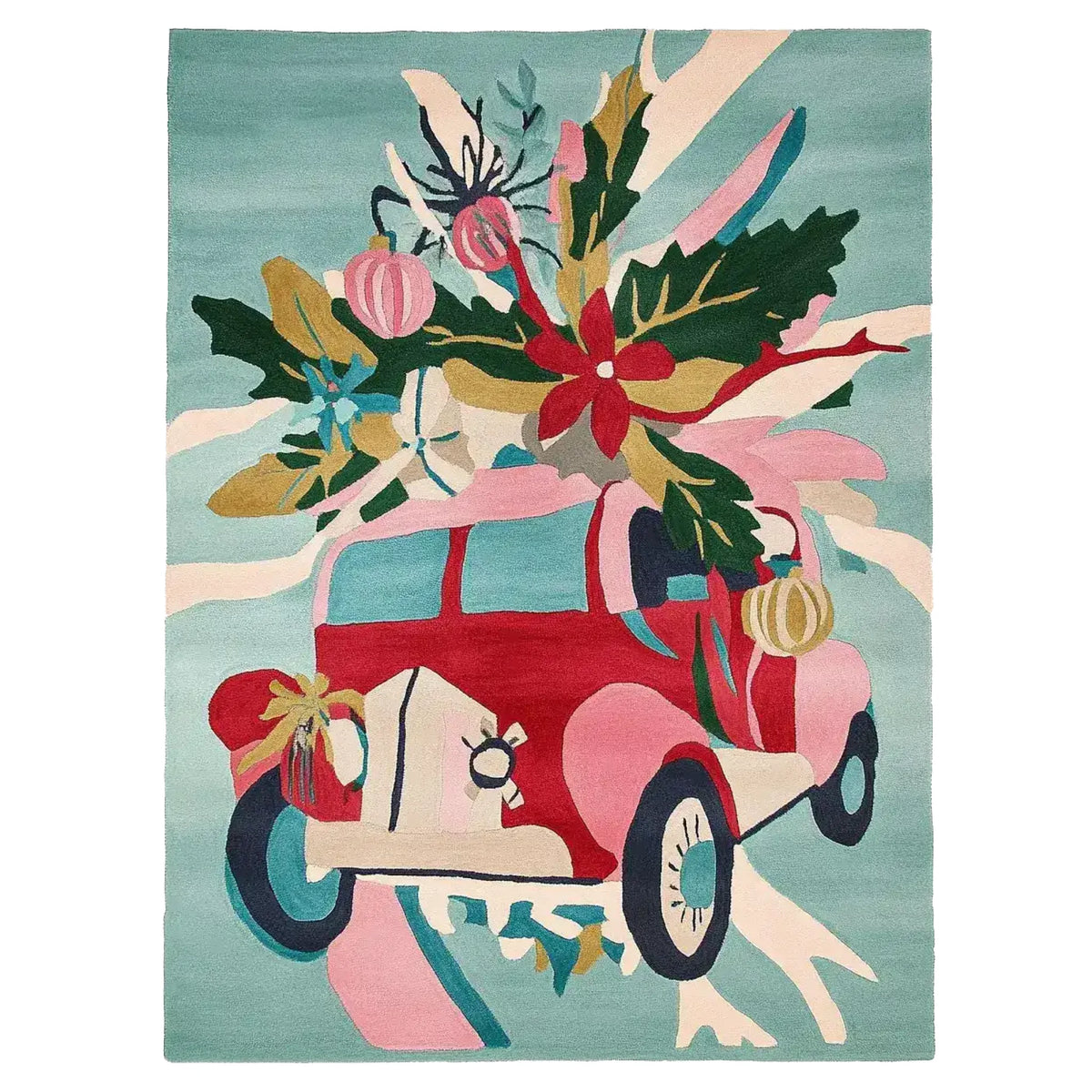 A vibrant Holiday Joyride Hand Tufted Area Rug showcasing an abstract design of a vintage car adorned with colorful holiday accents. This wool rug in an 8x10 size is perfect for adding a festive touch to your living room decor, with its playful and artistic pattern that stands out beautifully.