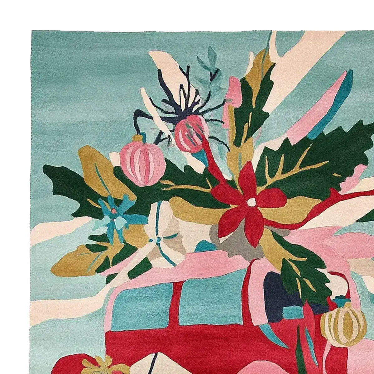 Vibrant Holiday Joyride Hand Tufted Area Rug featuring abstract floral and vehicle design in rich colors. Perfect wool rug for adding a festive touch to living room rugs 8x10, enhancing the decor of your area rugs for living room.