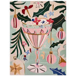 The 'Holiday Sip Scene Hand Tufted Rug' showcases a festive design featuring a whimsical holiday drink surrounded by playful ornaments and holly leaves. This wool area rug is perfect for adding a touch of holiday spirit to any living room. Its vibrant colors and intricate details make it a standout piece among large living room area rugs.