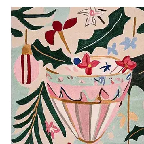 This vibrant area rug features a festive holiday design with a hand-tufted wool construction. The image showcases a detailed close-up of a colorful holiday scene, including ornaments and greenery, perfect for adding a cheerful touch to living room area rugs. The wool rug's intricate patterns and large living room rug size make it a standout piece for seasonal decor.