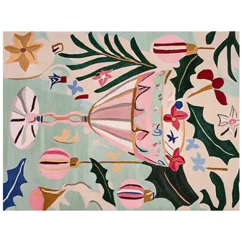 Vibrant hand-tufted area rug featuring festive holiday designs with ornaments and greenery, perfect for adding warmth to living room spaces. This wool rug is ideal for those seeking large living room rugs with a touch of seasonal charm.
