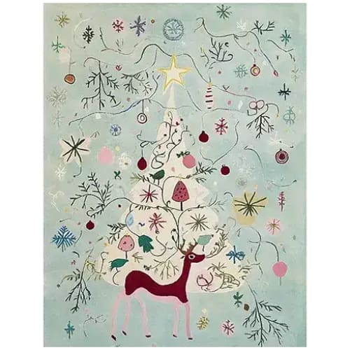 This vibrant Holiday Spell Hand Tufted Area Rug features a whimsical design with a festive reindeer and abstract holiday motifs set against a soft background. Ideal for living room area rugs, this wool rug adds a touch of seasonal charm to your home decor, making it a perfect choice for rugs for living room settings.
