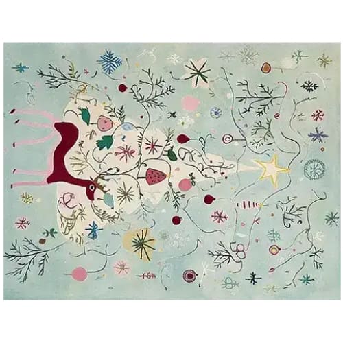 A vibrant Holiday Spell Hand Tufted Area Rug, showcasing a whimsical design with festive elements like reindeer and stars on a light blue background. Perfect for adding a touch of magic to living room area rugs, this wool rug brings warmth and style, making it an ideal choice for rugs for living room spaces.