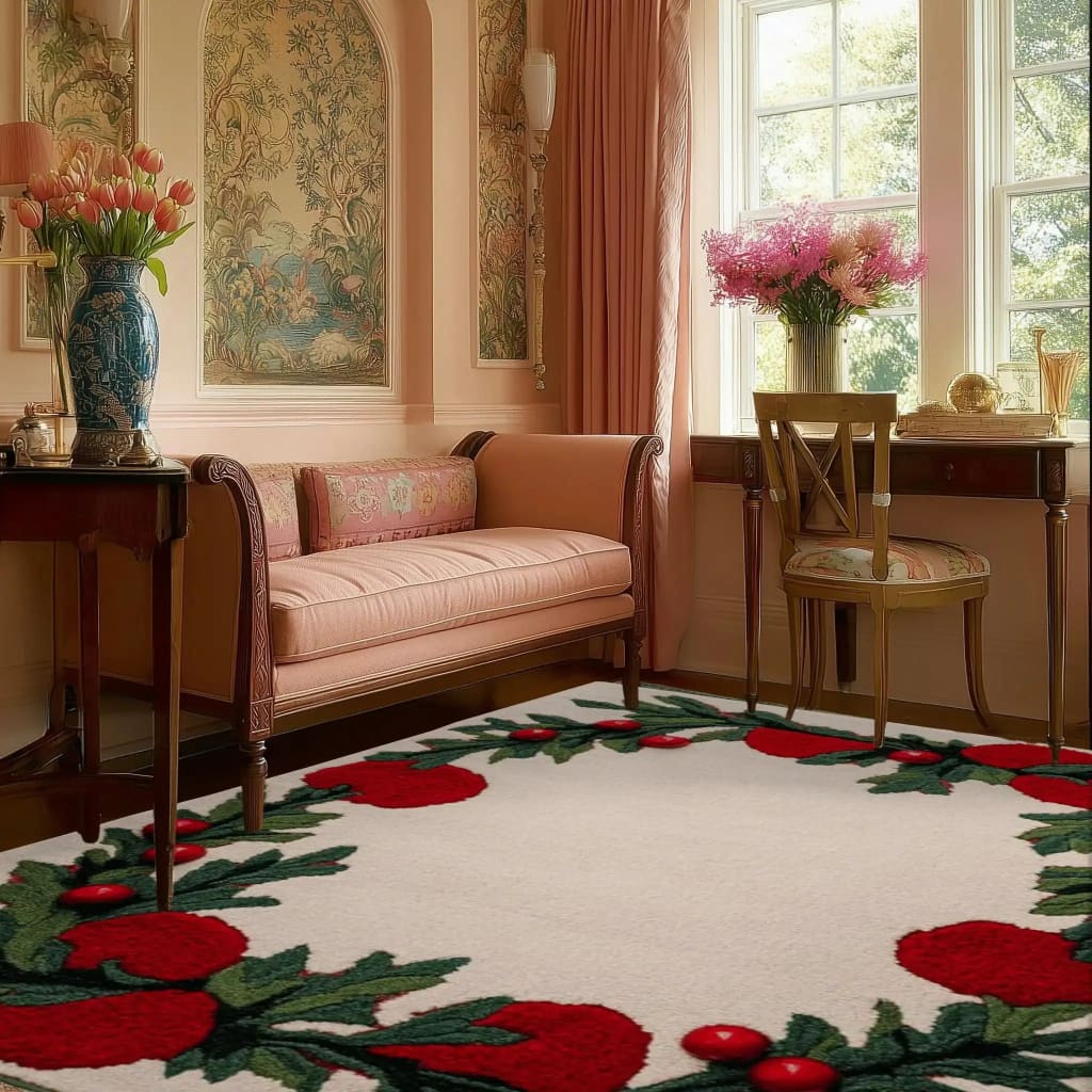 A beautifully designed Holly Berry Bliss Hand Tufted Area Rug adorns an elegant room, featuring a cozy office setting. The wool rug showcases vibrant red berries and lush green leaves, perfect for adding a touch of warmth to office or dining room spaces. Natural light floods through large windows, highlighting the rug's intricate patterns and soft texture.