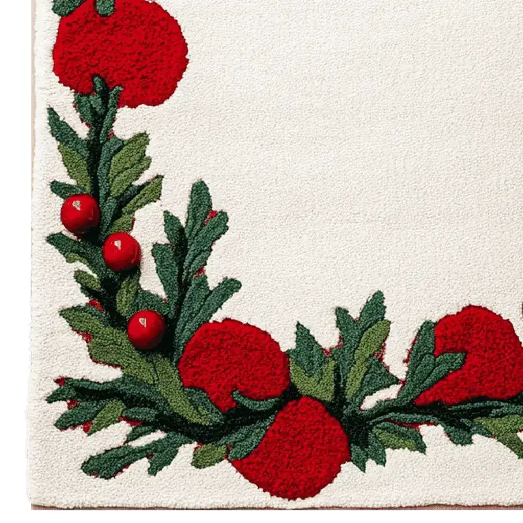 Close-up view of the Holly Berry Bliss Hand Tufted Area Rug, showcasing vibrant red berries and lush green leaves on a soft wool texture. Ideal for adding a festive touch to your office or dining room, this wool rug offers a cozy and stylish decor option.