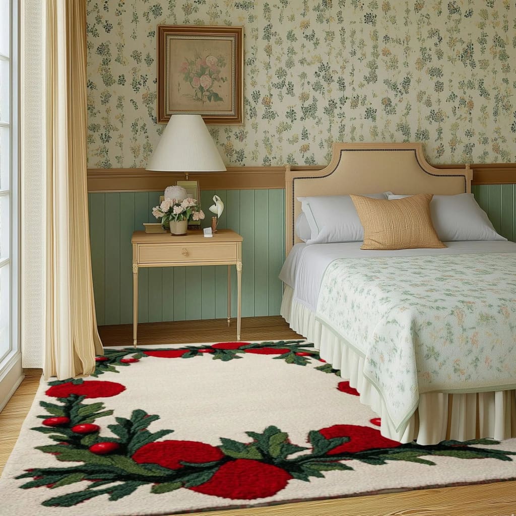 Holly Berry Bliss Hand Tufted Rug in a cozy bedroom setting. This elegant area rug, perfect for an office or dining room, features a wool design with vibrant red holly berries and green leaves on a cream background, adding a touch of warmth and style.