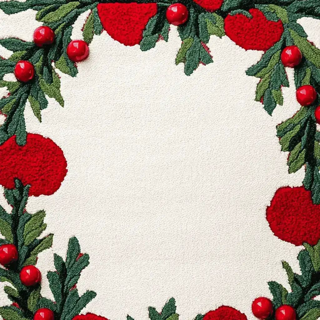 Close-up view of the Holly Berry Bliss Hand Tufted Area Rug featuring vibrant red berries and lush green leaves on a soft wool texture. Ideal for adding a festive touch to your office or dining room, this wool rug brings warmth and style to any space.