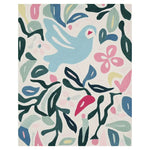 Holly Bird Dreams Hand Tufted Area Rug featuring a whimsical design with a blue bird, abstract leaves, and playful floral patterns. Perfect for adding a touch of charm to living room area rugs, this wool rug is ideal for an 8x10 space, offering both comfort and style.