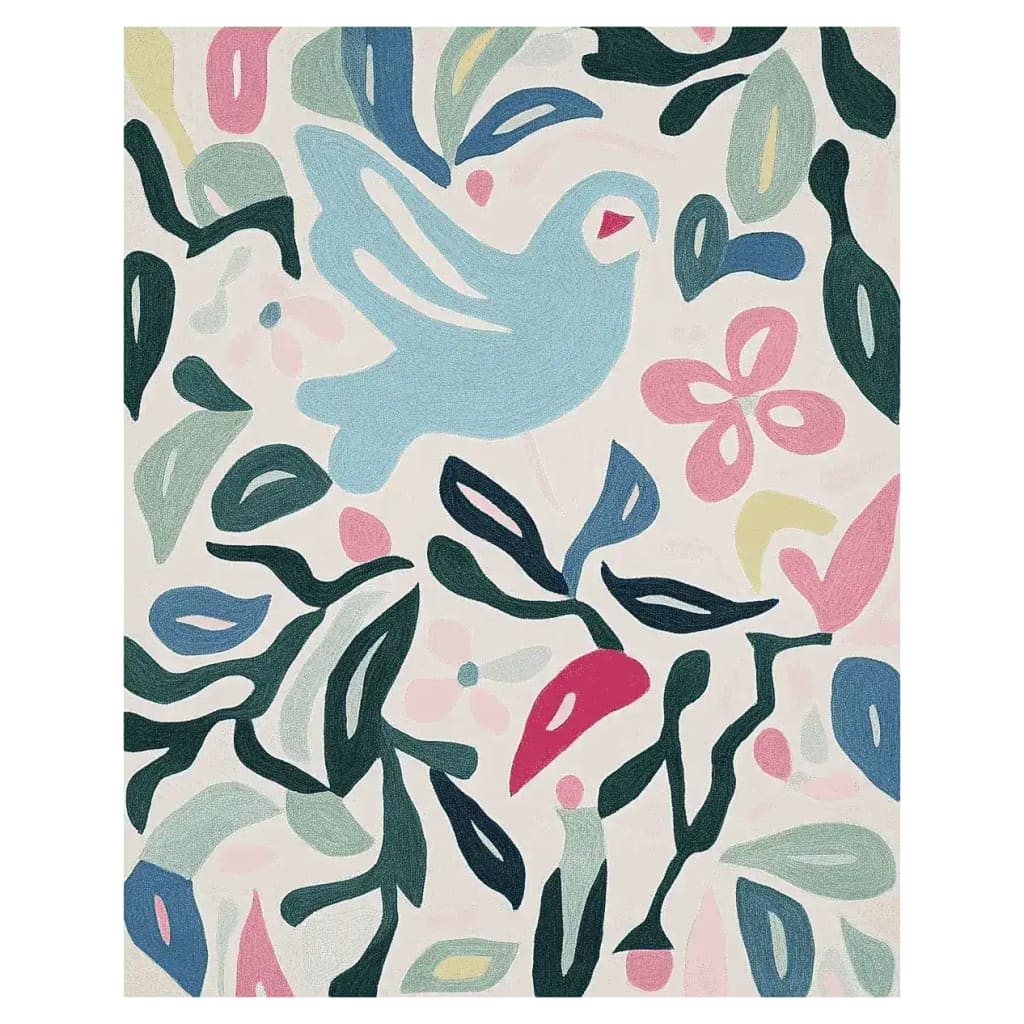 Holly Bird Dreams Hand Tufted Area Rug featuring a whimsical design with a blue bird, abstract leaves, and playful floral patterns. Perfect for adding a touch of charm to living room area rugs, this wool rug is ideal for an 8x10 space, offering both comfort and style.