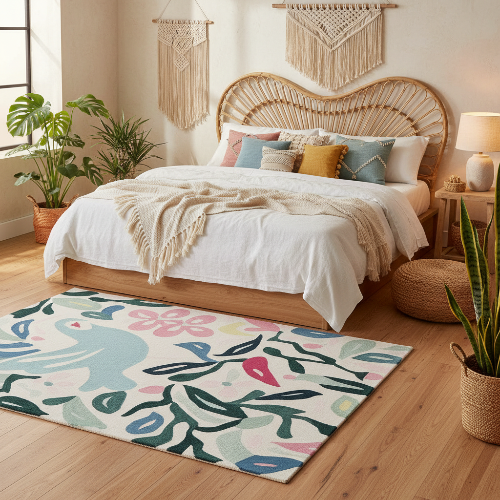 Bedroom with a wicker headboard, colorful rug, and plants.