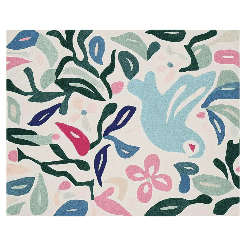 This vibrant Area Rug, suitable for living room area rugs, features a hand-tufted wool design with abstract floral and bird motifs in shades of green, blue, pink, and cream. Perfect for adding a touch of nature-inspired elegance to your living space, this 8x10 wool rug combines artistic style with cozy comfort.