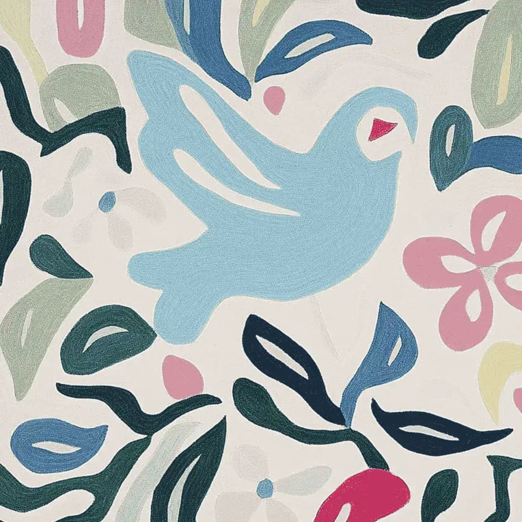Vibrant Holly Bird Dreams Hand Tufted Area Rug showcasing a whimsical bird and floral pattern. Perfect for adding a splash of color to your living room, this wool rug is ideal for living room area rugs or as an accent piece in your decor. Available in 8x10 size, it features a playful design with blue, pink, and green hues.