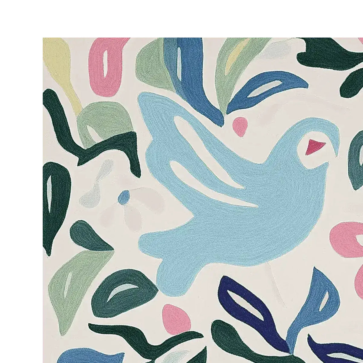 A vibrant hand-tufted area rug featuring an abstract design with a blue bird surrounded by colorful leaves and flowers. Perfect for adding a splash of color to living room area rugs, this wool rug is ideal for 8x10 living room spaces.