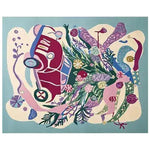 Vibrant area rug featuring an abstract design with a red car and nature elements, perfect for adding a pop of color to living room rugs 8x10. This wool rug showcases a playful mix of colors and shapes, ideal as an area rug for living room spaces.