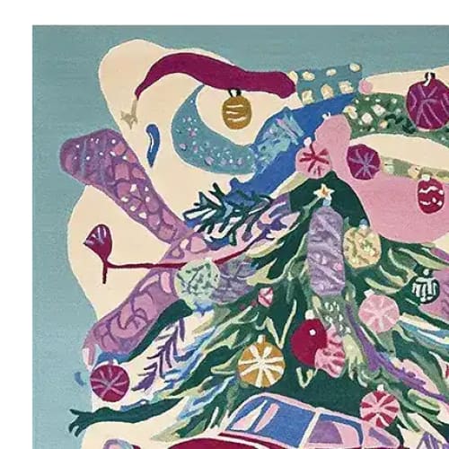 A vibrant and artistic Holly Cruise Magic Hand Tufted Area Rug featuring an abstract design with festive elements, perfect for adding a pop of color to any living room. This 8x10 wool rug showcases intricate details, making it an ideal choice for area rugs for living room spaces.
